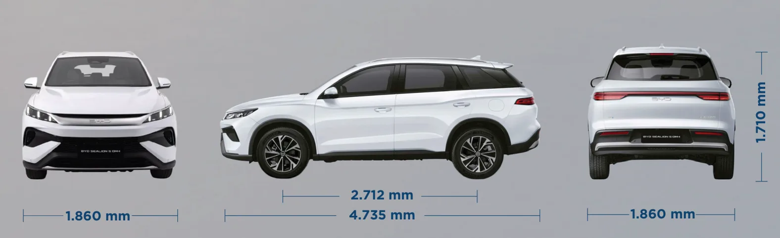 Kích thước BYD Sealion 5 DM-i: dài 4.735 mm, rộng 1.860 mm, cao 1.710 mm, trục cơ sở 2.712 mm